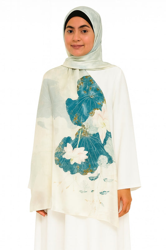 Large Satin Silk Scarf - Cream White Teal Floral
