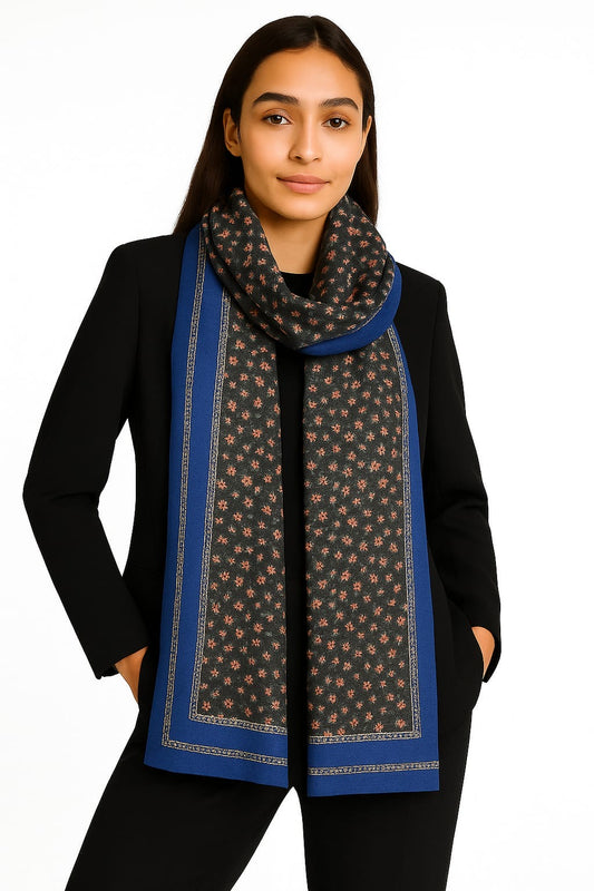 Printed Viscose Wool Hijab - Black Blue Little Floral
