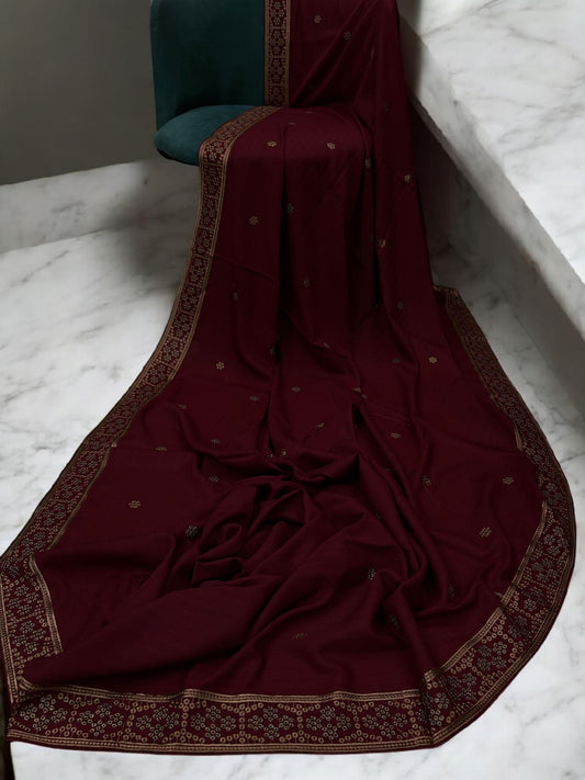 Maroon Beige Honeycomb Fancy Self Embroidered Shaal