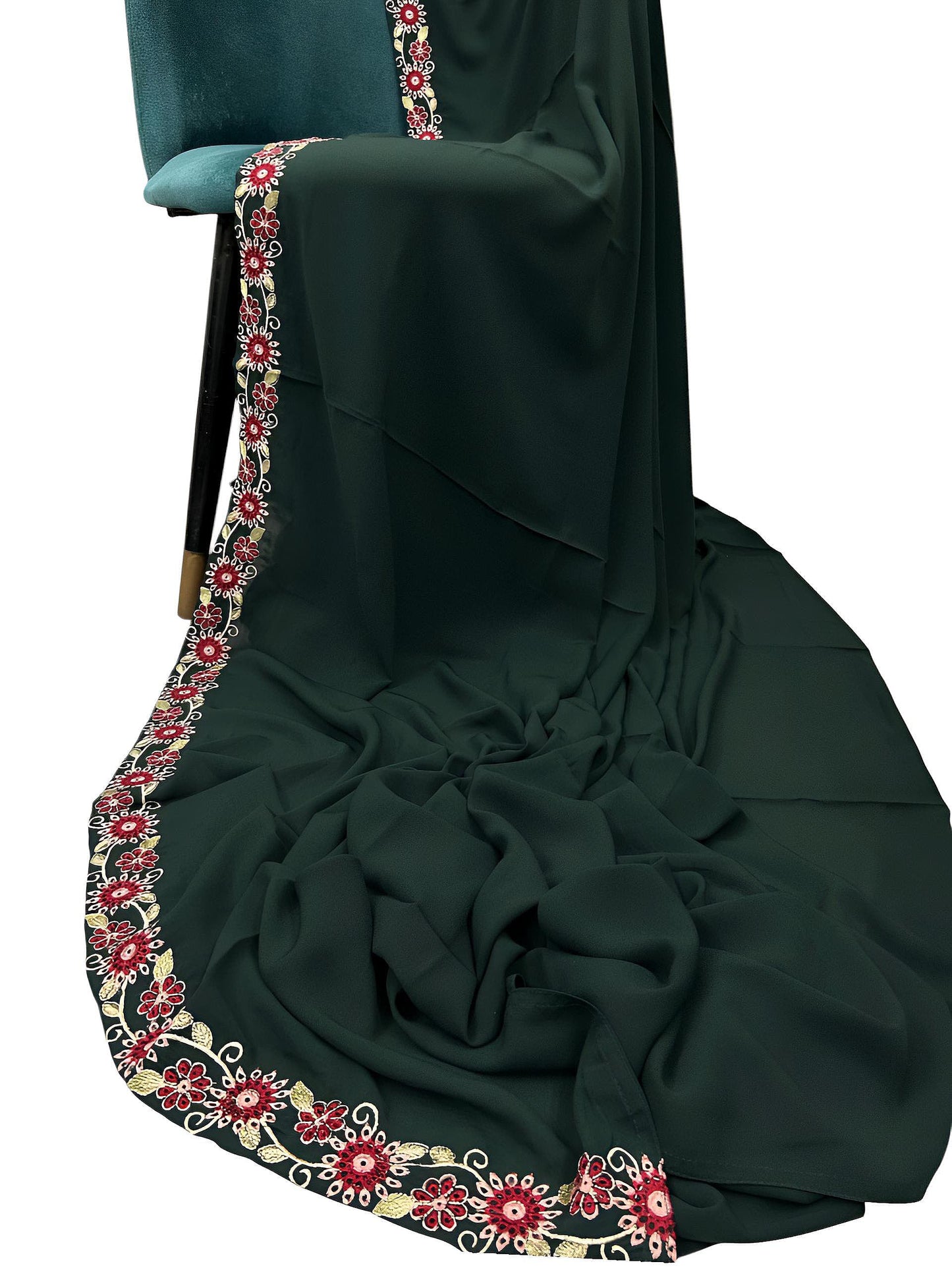 Luxury Emerald Green Floral Border Korean Shaal