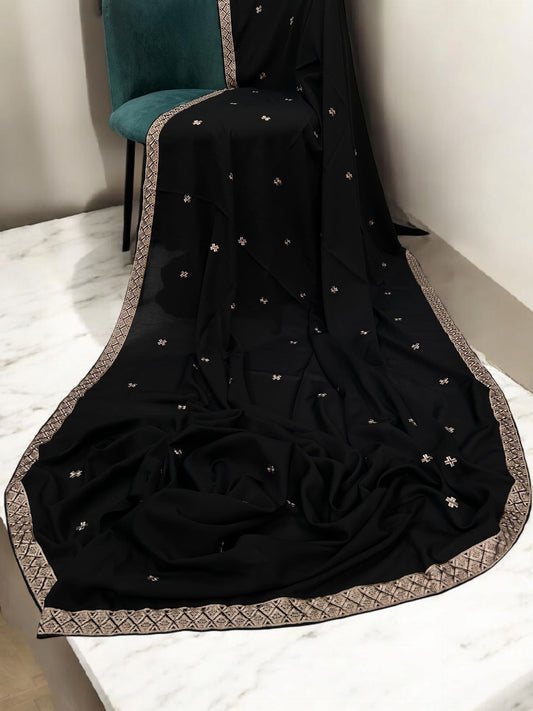 Black Fawn Curved Border Embroidered Shaal
