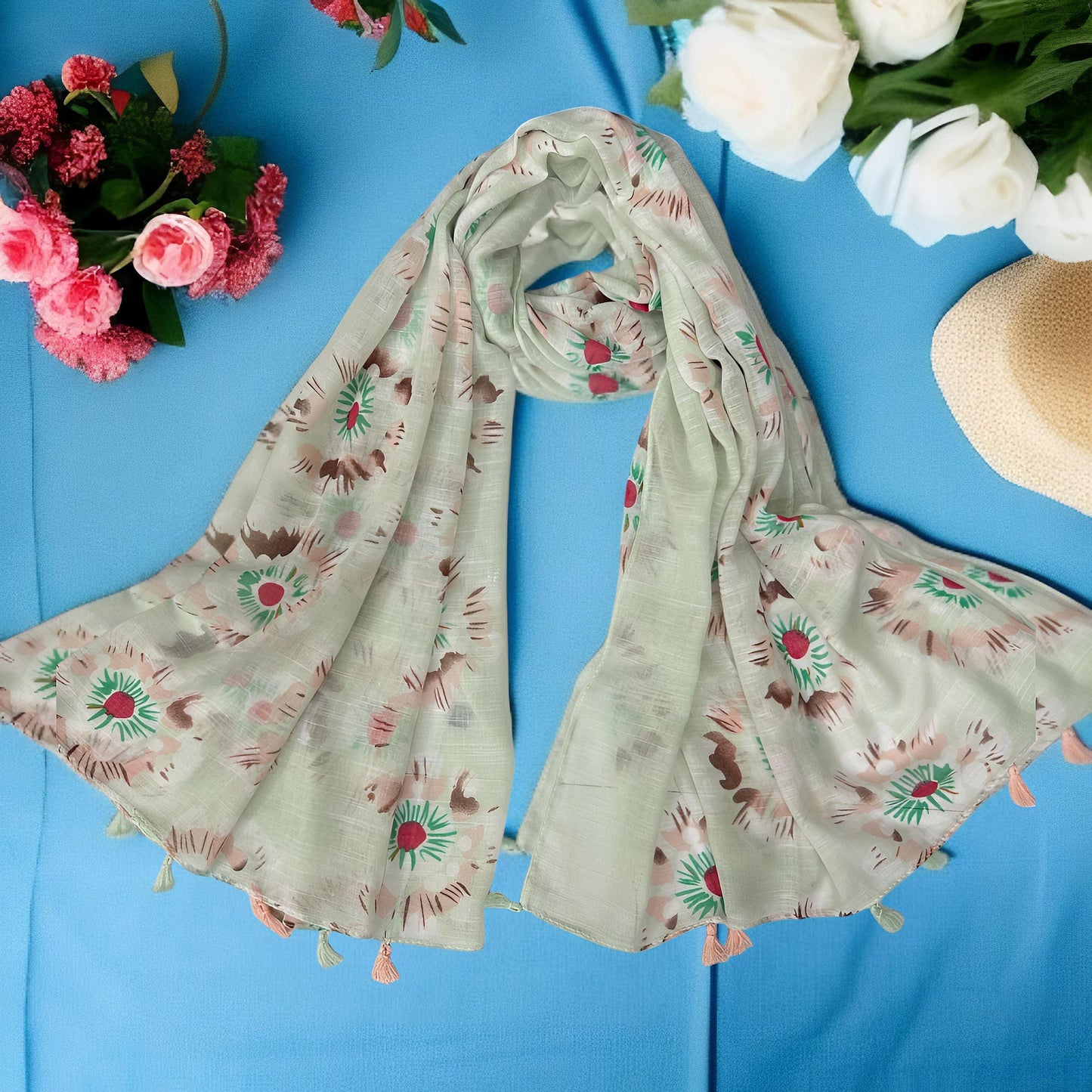 Honeydew Green Flowers Printed Modal Hijab