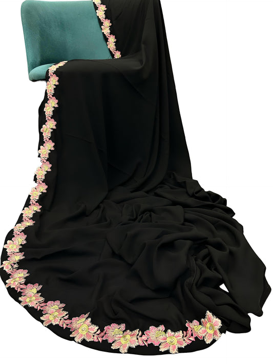Black Pink Lilies Floral Border Shaal