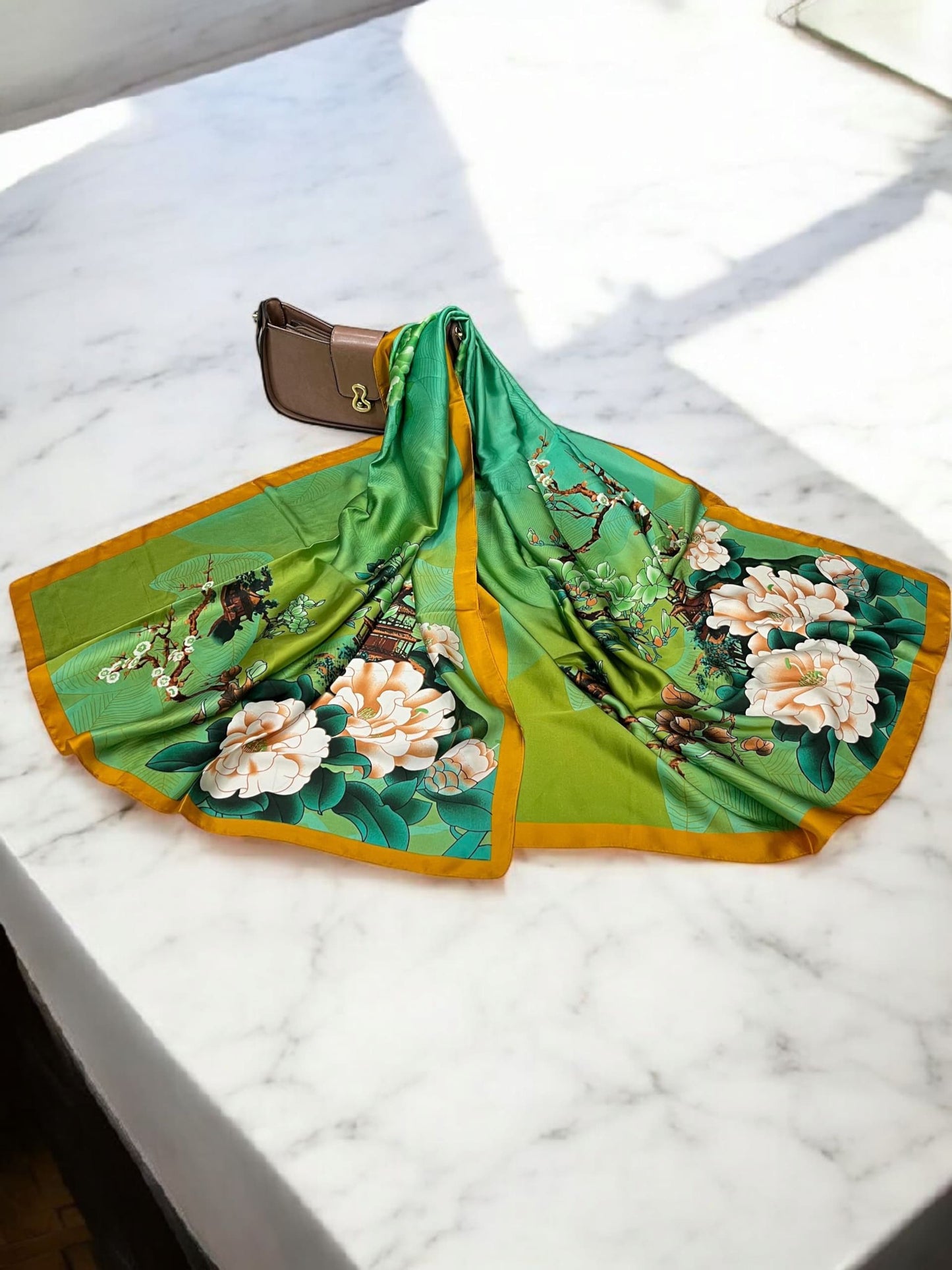 Large Satin Silk Scarf - Green Floral Garden