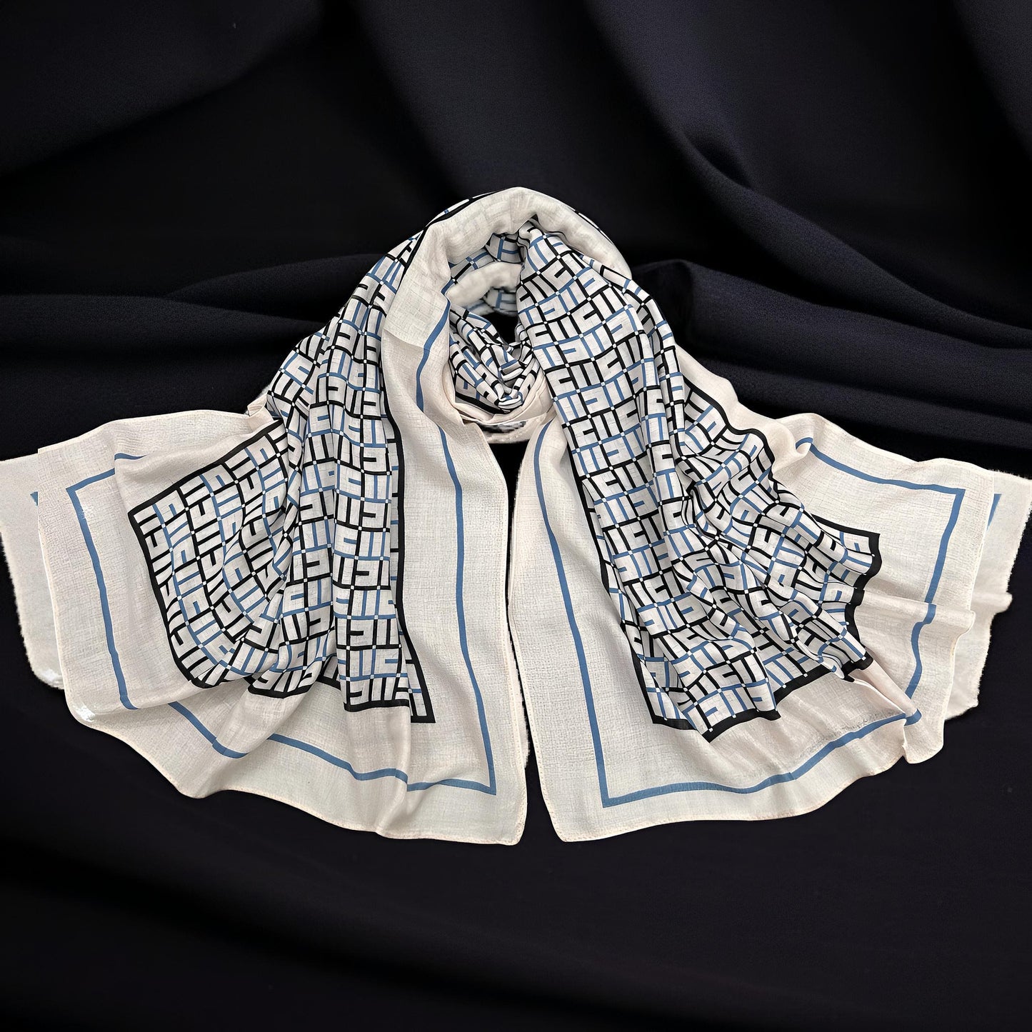 Mellow Beige Blue Maze Printed Modal Hijab