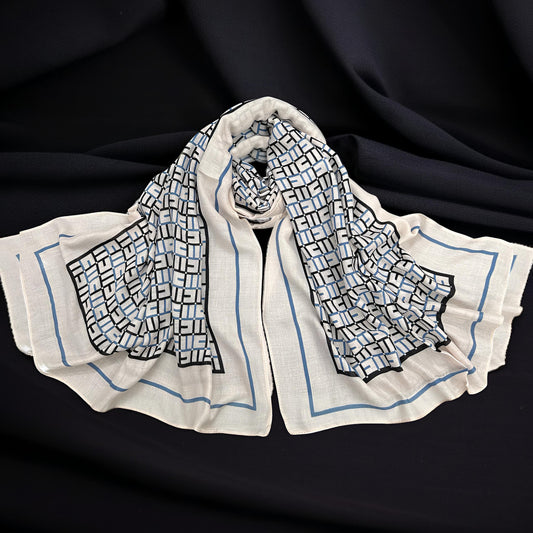 Mellow Beige Blue Maze Printed Modal Hijab