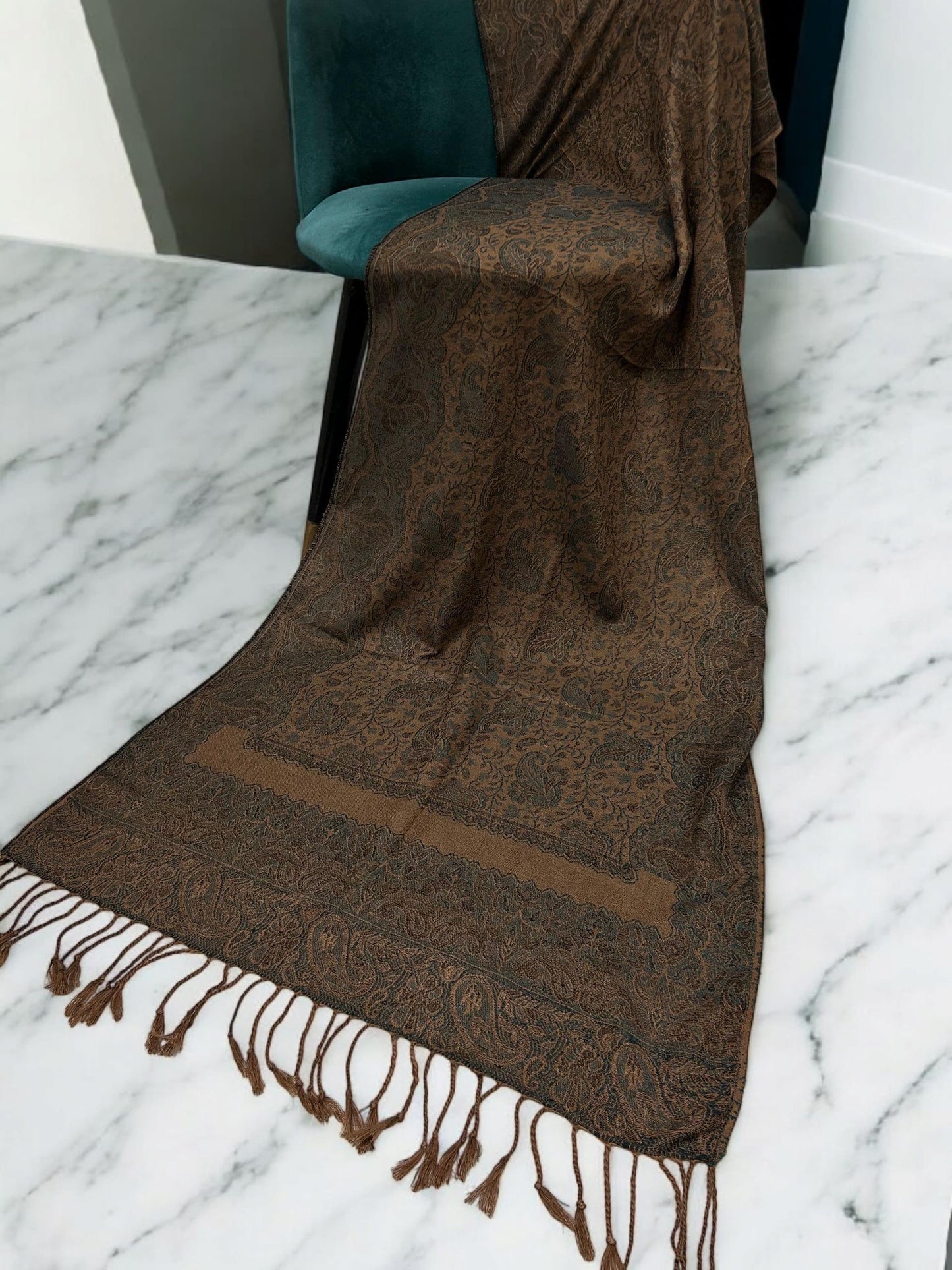 Beige Brown Light Blue Two-tone Paisley Pashmina Hijab