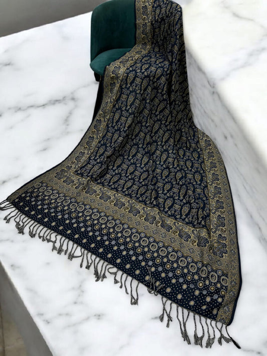 Dotted Paisley Pashmina Shawl - Navy Blue Ice