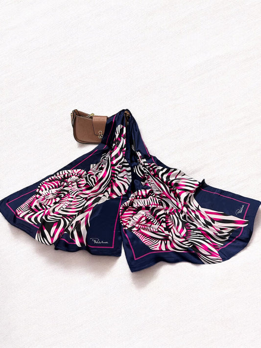 Satin Silk Scarf - Navy Pink Zebra Roberto Cavalli