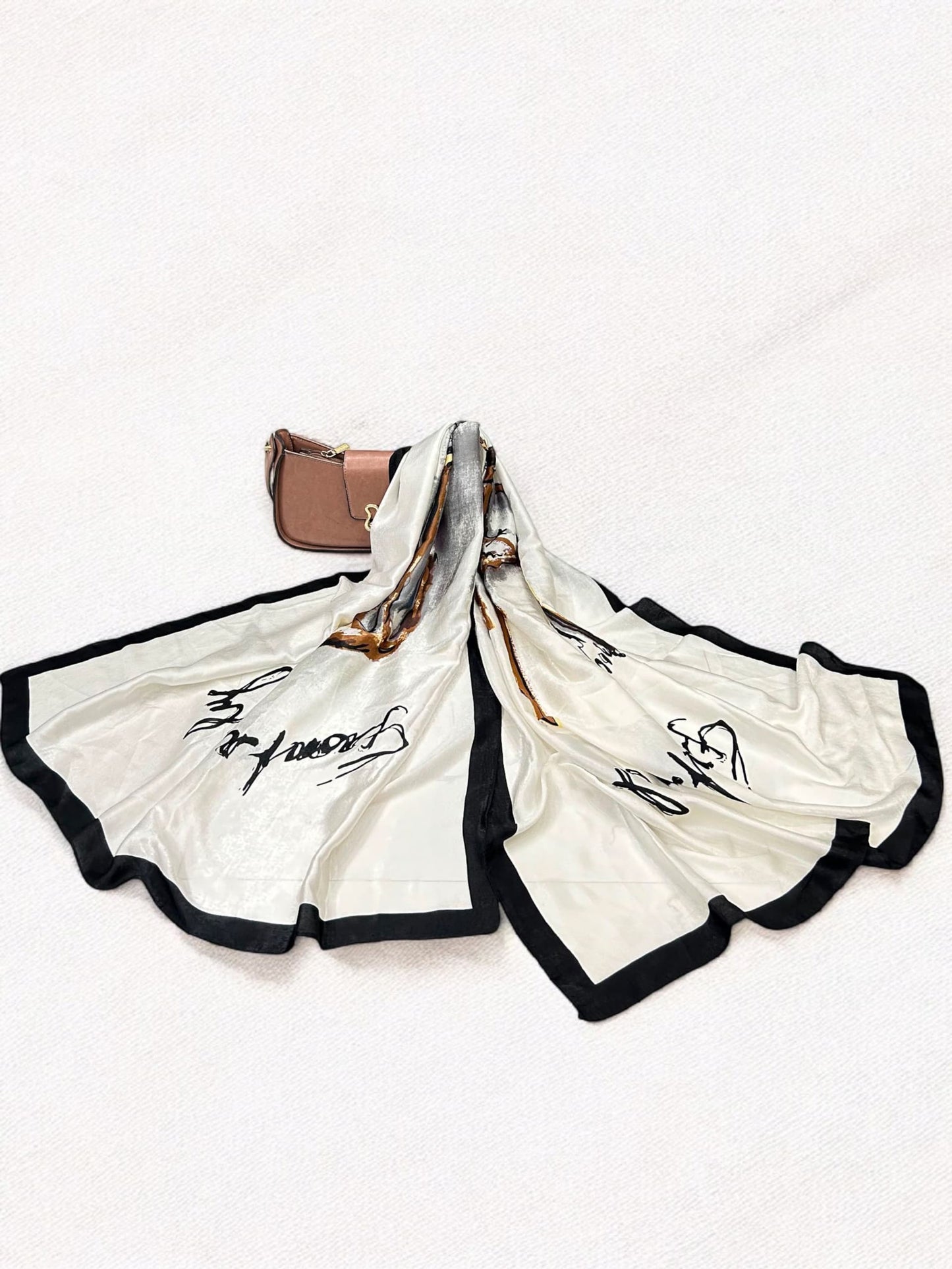 Large Satin Silk Scarf - White Black Scenery Border