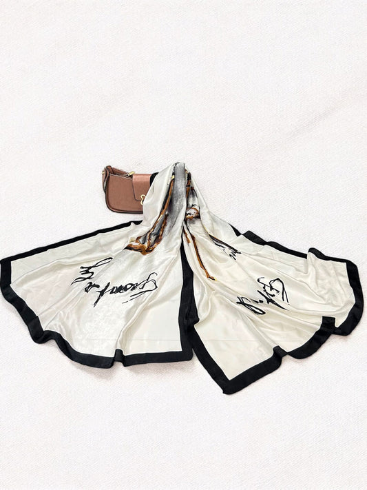 Large Satin Silk Scarf - White Black Scenery Border