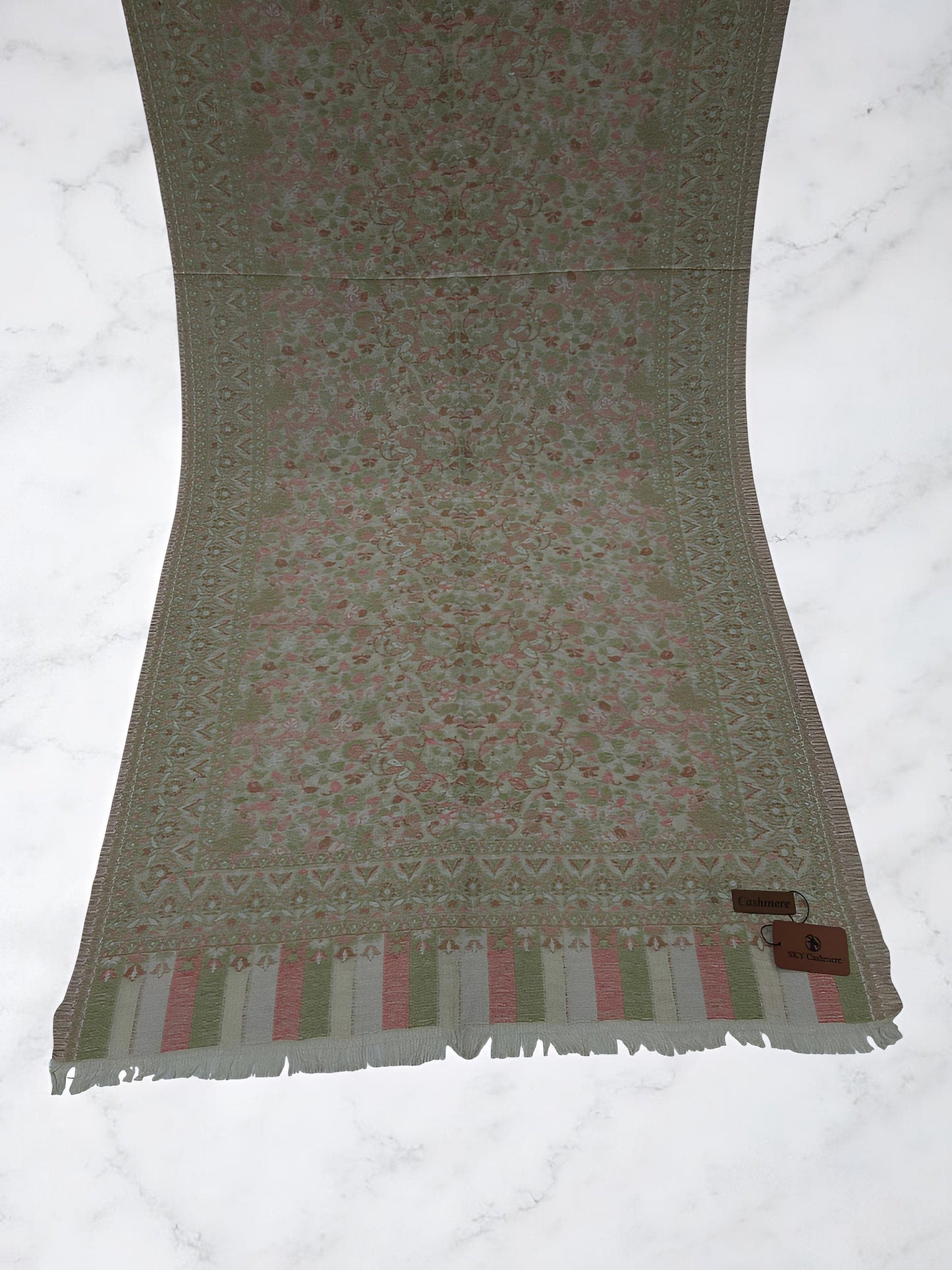 Ash White Green Pink Floral Kani Pashmina Hijab
