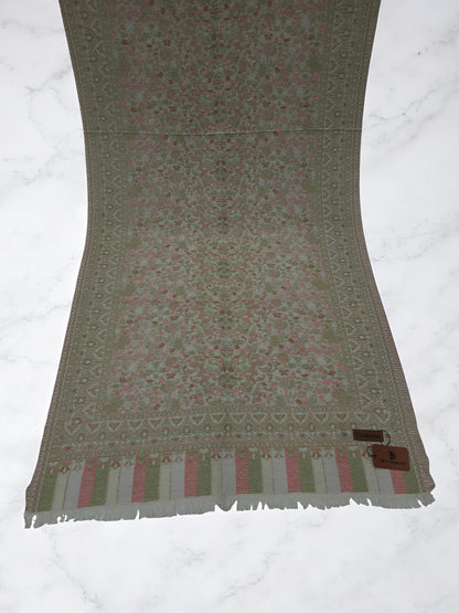 Ash White Green Pink Floral Kani Pashmina Hijab