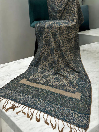 Beige Sea Blue Two-tone Paisley Pashmina Hijab