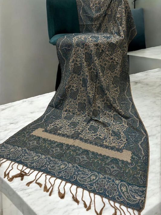 Beige Sea Blue Two-tone Paisley Pashmina Hijab