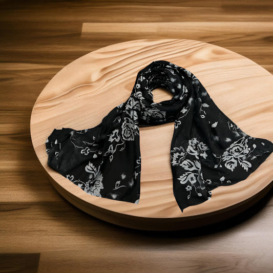 Black Grey Peonies Printed Modal Hijab