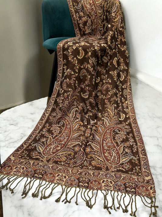 Dark Brown Cream Curved Paisley Pashmina Hijab