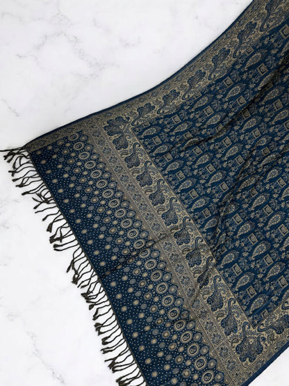 Dotted Paisley Pashmina Shawl - Airforce Blue Cream