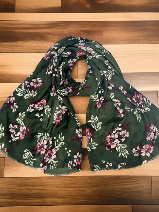Seaweed Green Floral Printed Modal Hijab