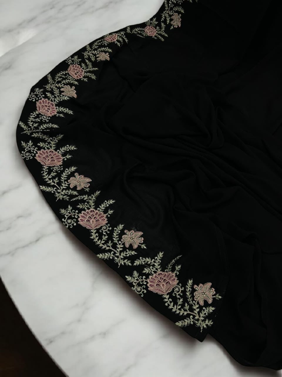 Luxury Black Peony Pink Floral Border Korean Shaal