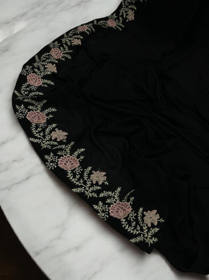 Luxury Black Peony Pink Floral Border Korean Shaal