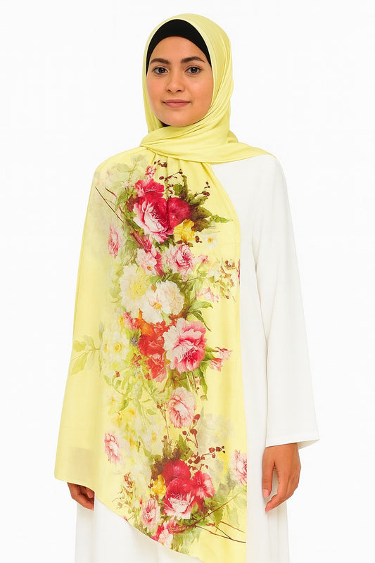 Large Satin Silk Scarf - Lemon Meringue Floral
