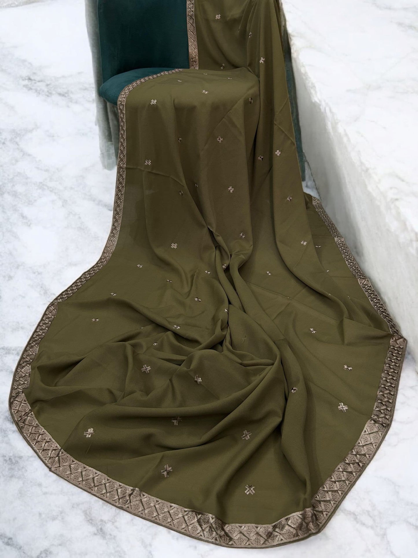 Peanut Brown Peach Double Cross Embroidered Border Shaal