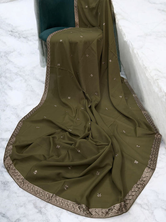 Peanut Brown Peach Double Cross Embroidered Border Shaal