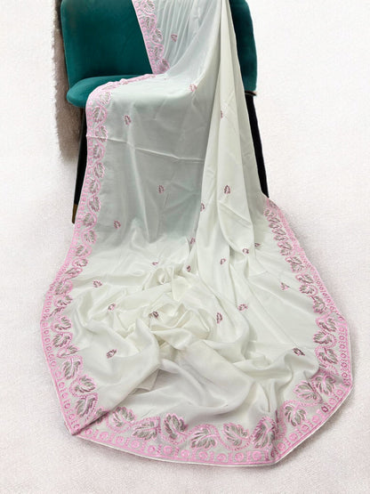 White Pink Coral Leaflets Fancy Embroidered Shaal