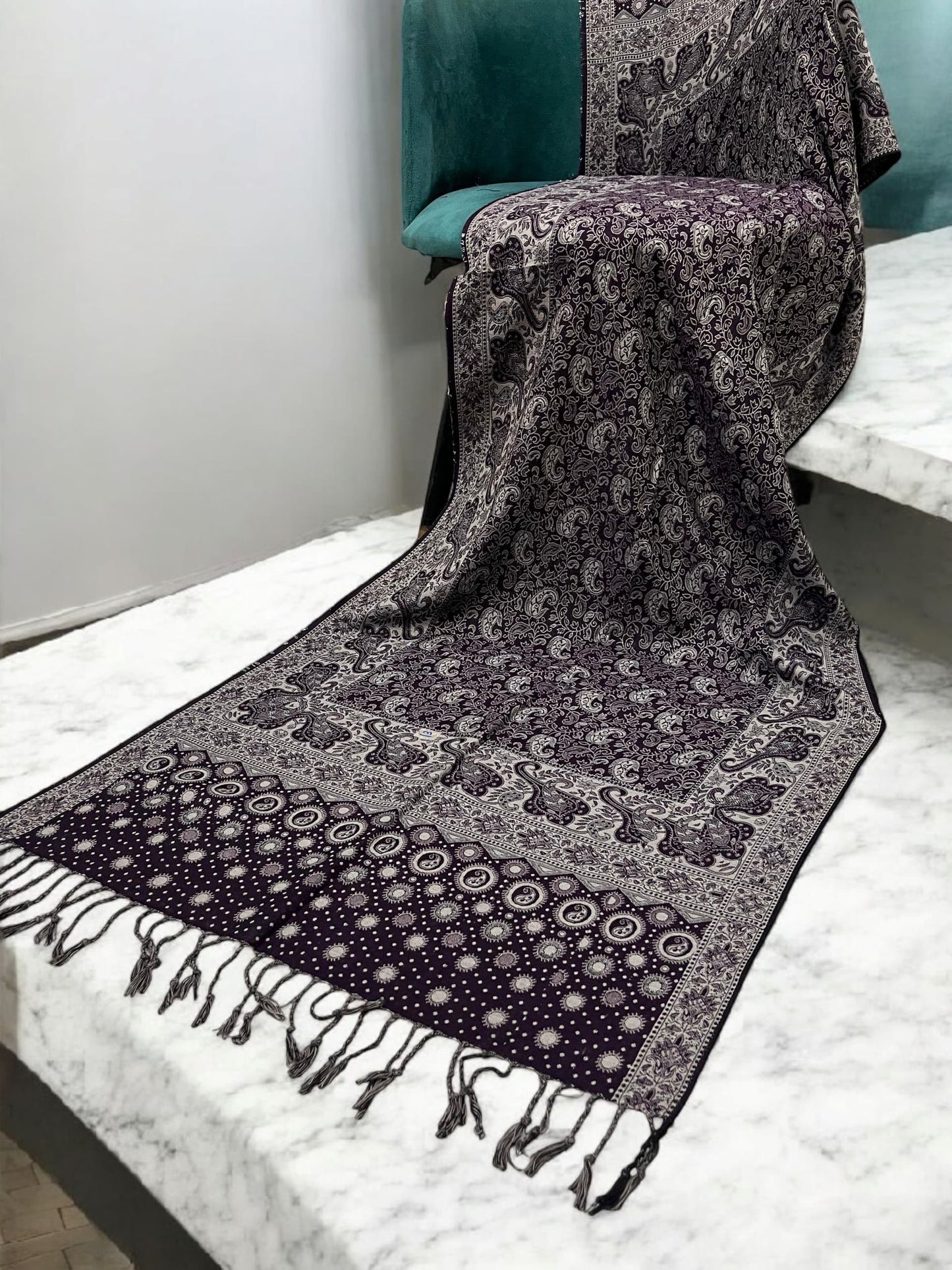 Black White Silver Dotted Two-tone Paisley Pashmina Hijab