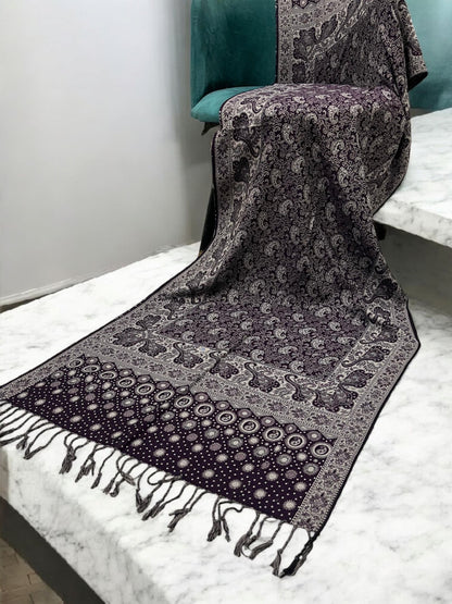 Black White Silver Dotted Two-tone Paisley Pashmina Hijab