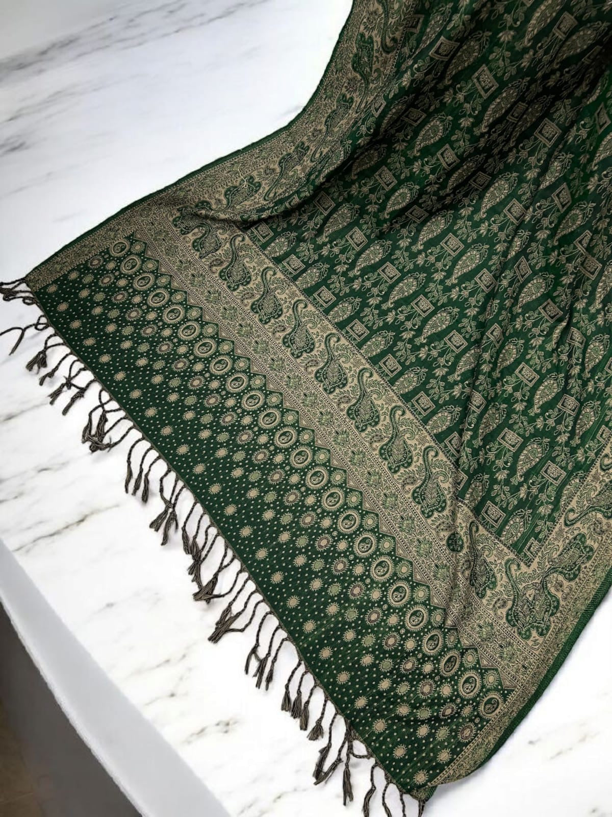 Dotted Paisley Pashmina Shawl - Forest Green Beige