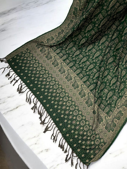 Dotted Paisley Pashmina Shawl - Forest Green Beige