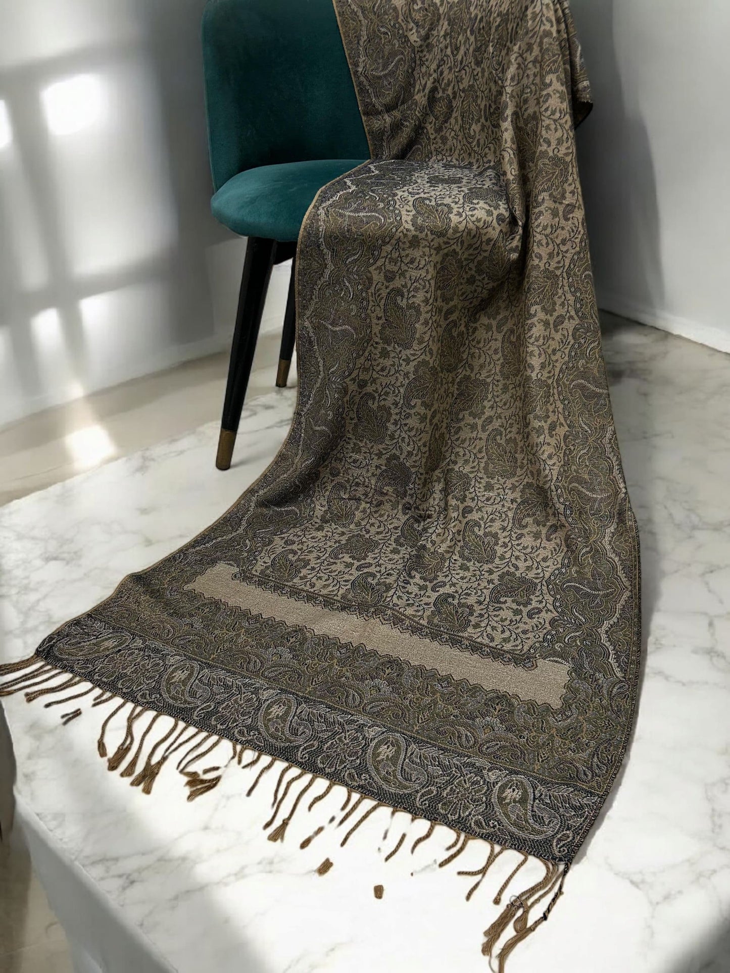 Khaki Brown Blue Gold Two-tone Paisley Pashmina Hijab