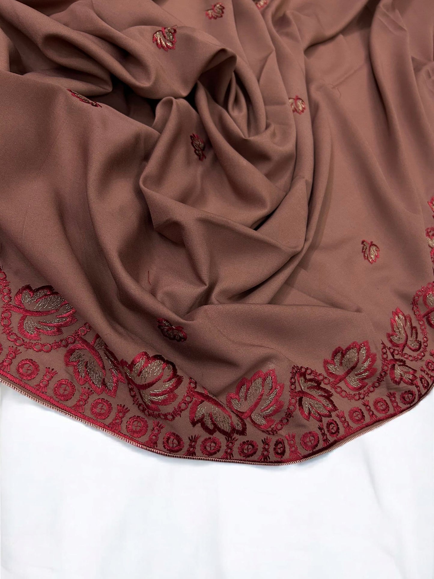 Terracotta  Red Leaflets Fancy Embroidered Shaal