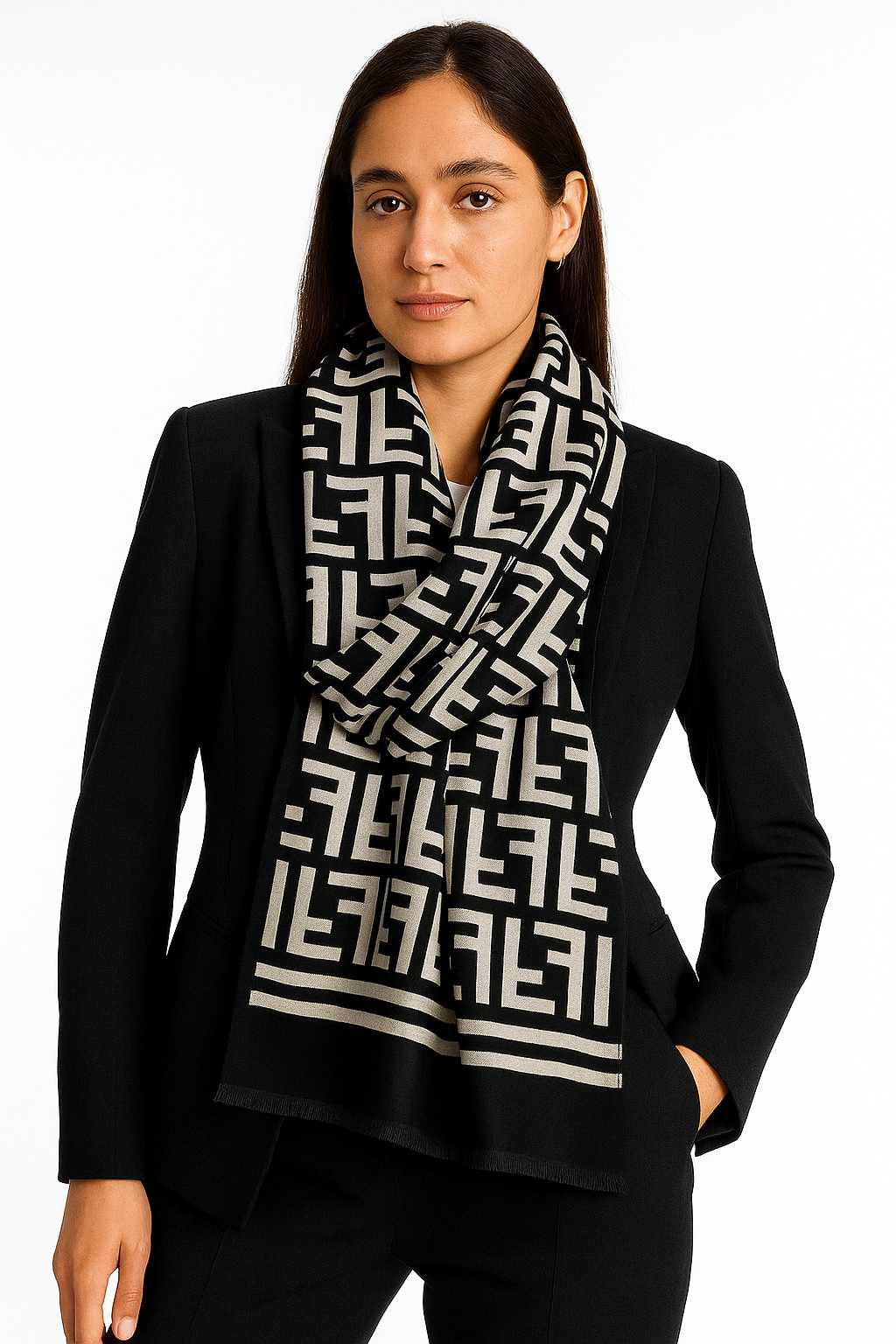 Luxury Branded Wool Scarf - Black White Fendi