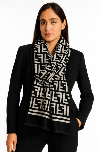 Luxury Branded Wool Scarf - Black White Fendi