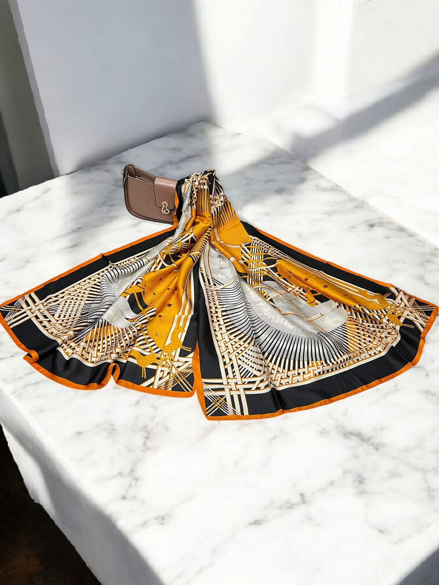 Large Satin Silk Scarf - Black Orange Geometric