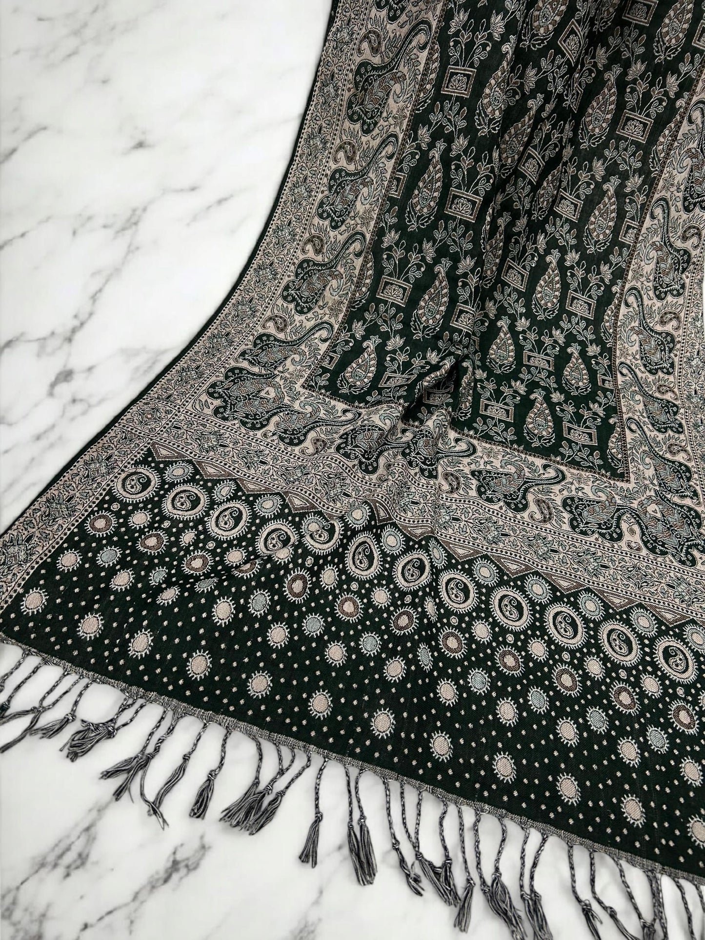 Black Creamy Beige dotted two-tone Paisley Pashmina Hijab