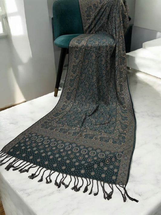 Dark Green Beige Dotted Dual Tone Pashmina Hijab