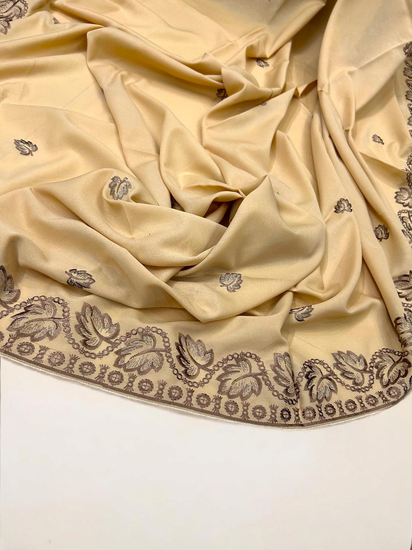 Khaki Brown Leaflets Fancy Embroidered Shaal