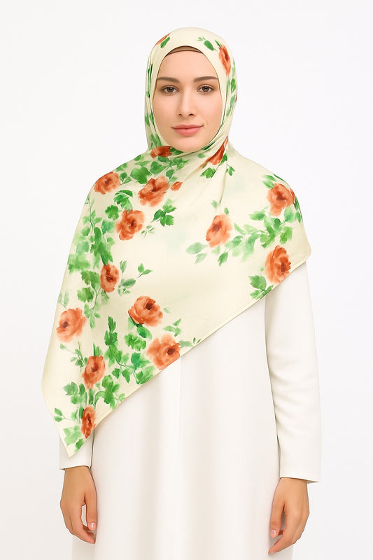 Large Satin Silk Scarf - Cornsilk Leaves