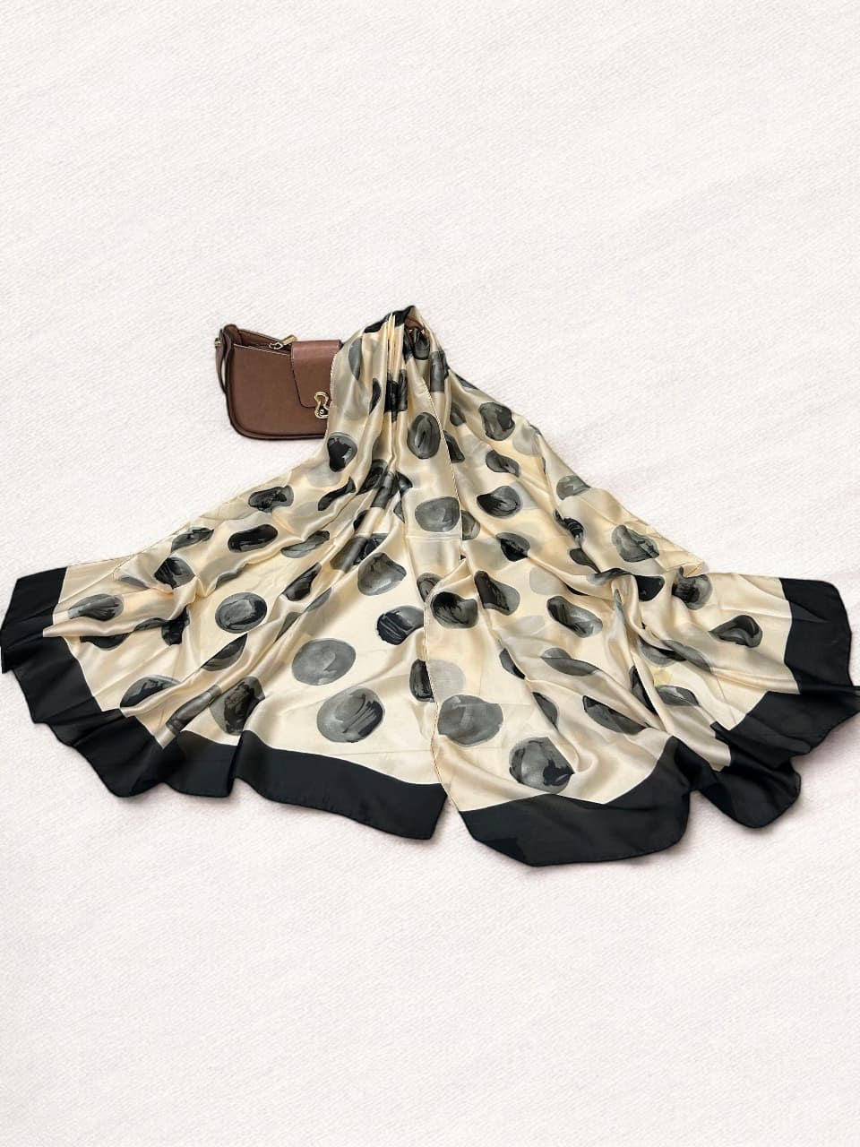 Large Satin Silk Scarf - Creamy Black Polka Dots