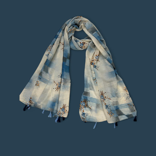 Cream White Blue Sketches Floral Printed Modal Hijab
