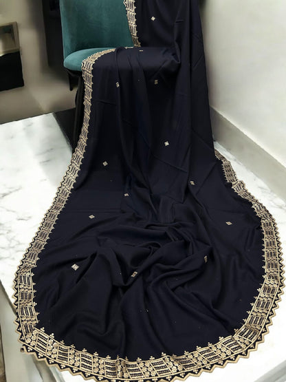 Navy Cream Geometric Cutwork Border Shaal