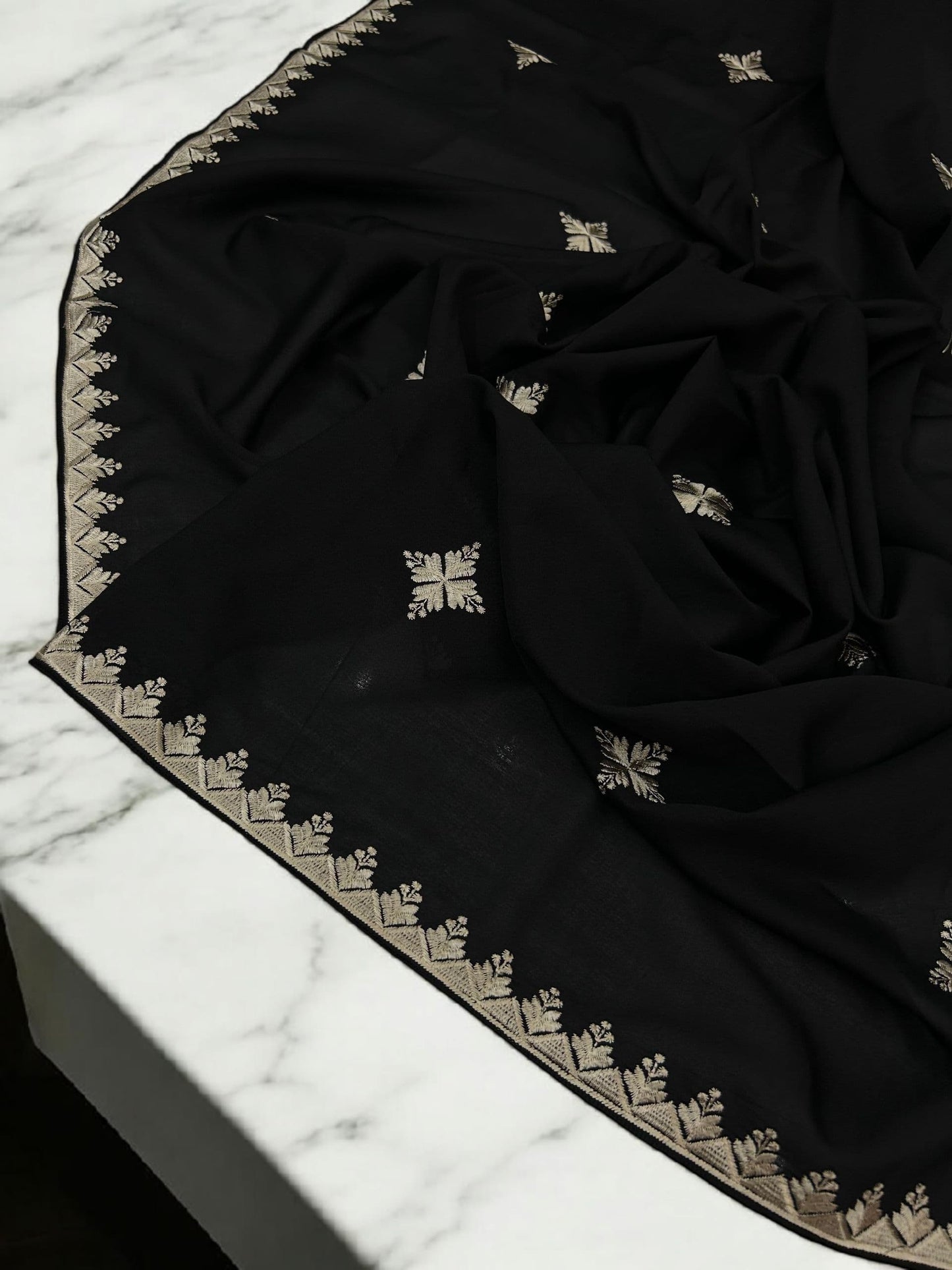 Black Cream White Border Embroidered Shaal