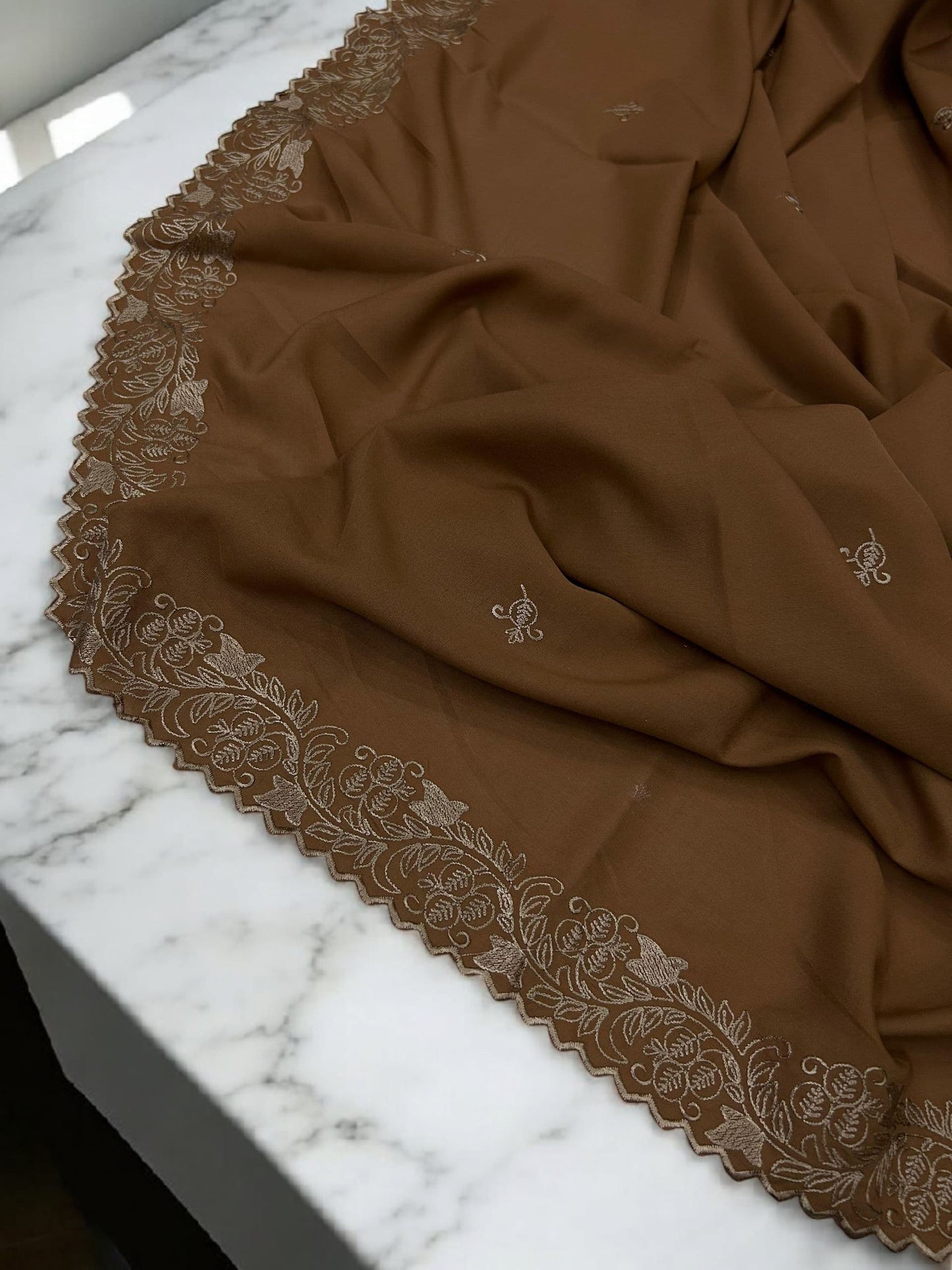 Caramel Brown Cutwork Embroidered Border Shaal