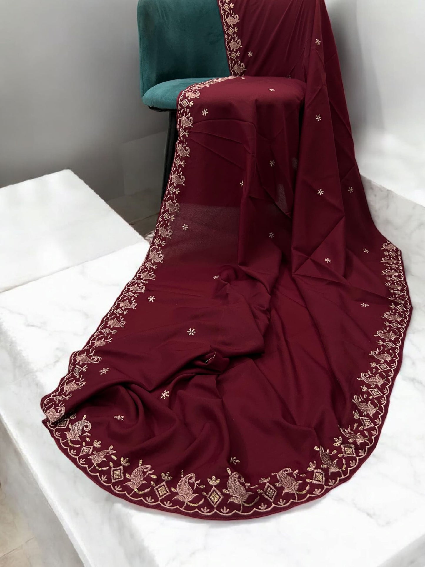 Maroon Pink Fancy Cutwork Border Shaal