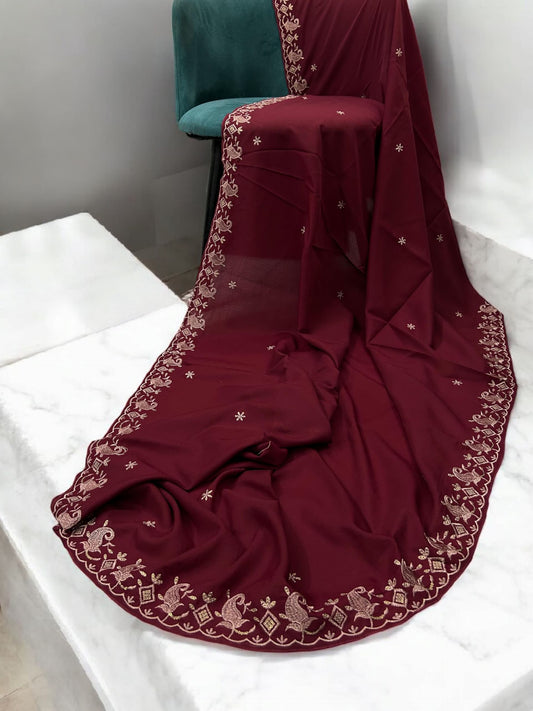 Maroon Pink Fancy Cutwork Border Shaal