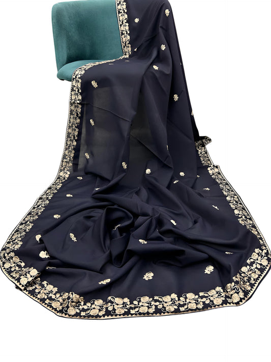 Navy Blue Creamy Floral Shaal